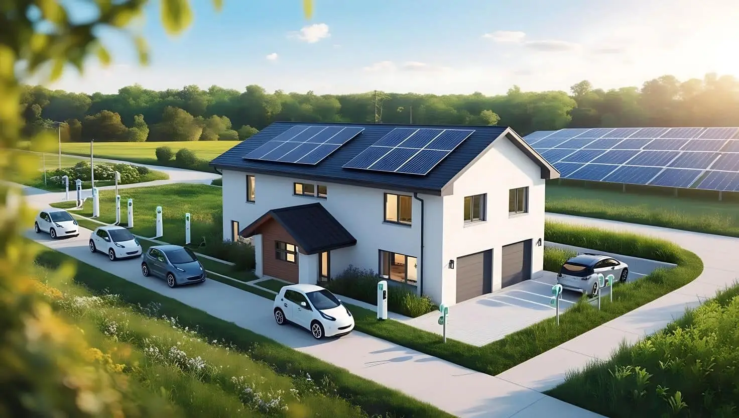 Modernes Haus mit Solaranlage auf dem Dach, drumherum befinden sich Ladesäulen für E-Fahrzeuge