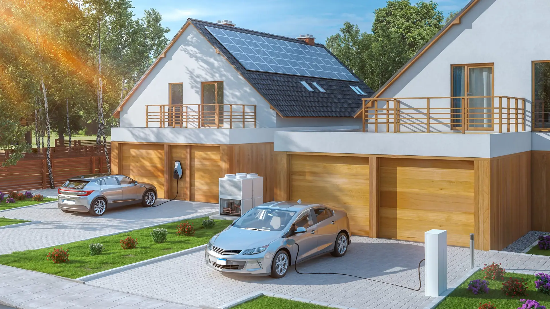 Luft-Wasser-Wärmepumpe vor einem Einfamilienhaus mit Photovoltaikanlage auf dem Dach – Heizungsgesetz 2026 GModG