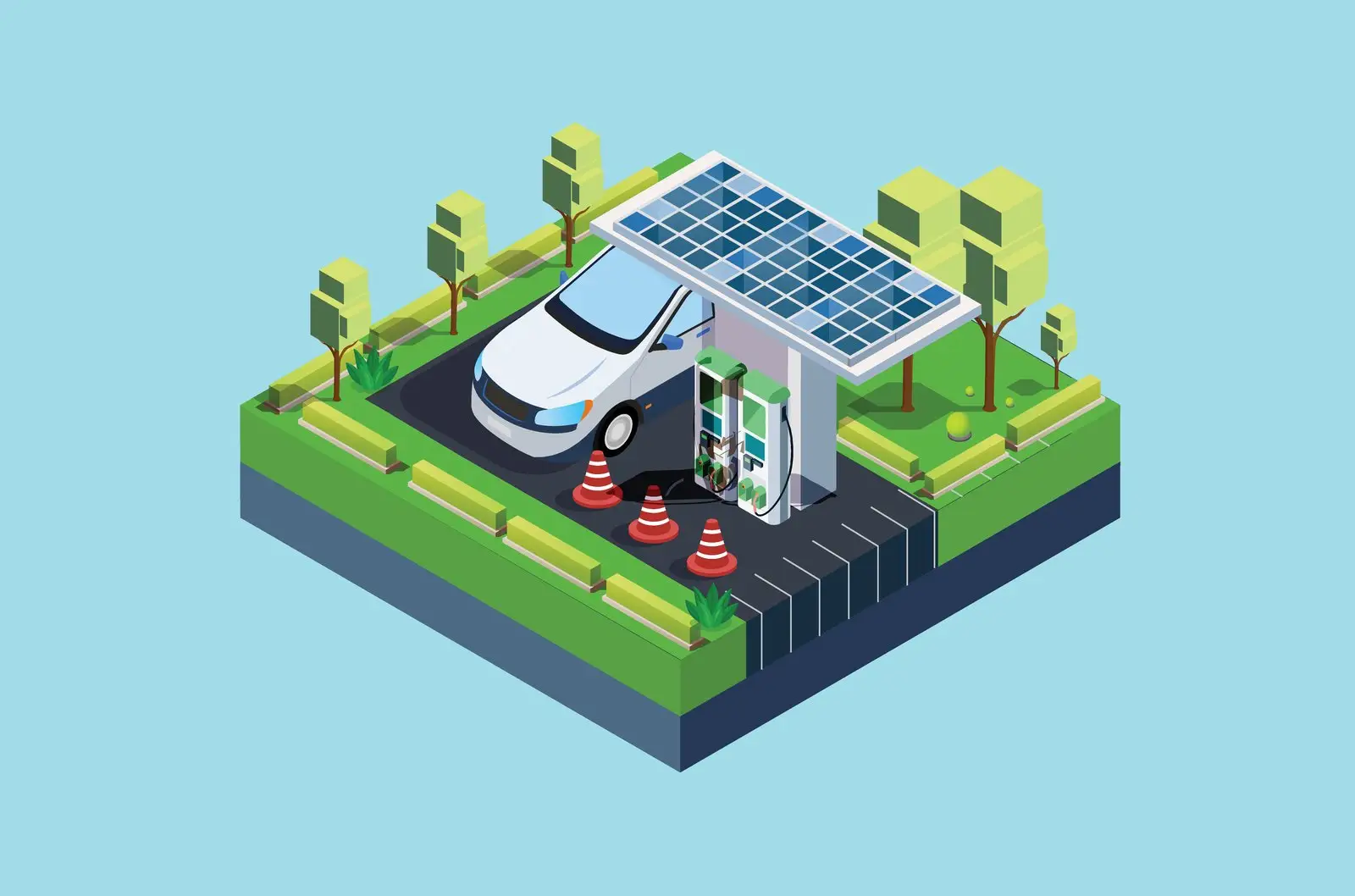 Schematische Darstellung eines Ladepunkts mit Photovoltaik-Überdachung auf einem Stellplatz